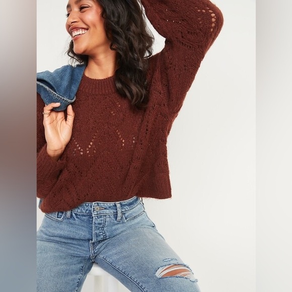 Old Navy Cozy Pointelle-Knit Crew-Neck Sweater Burgundy Size Extra Large - Picture 3 of 10
